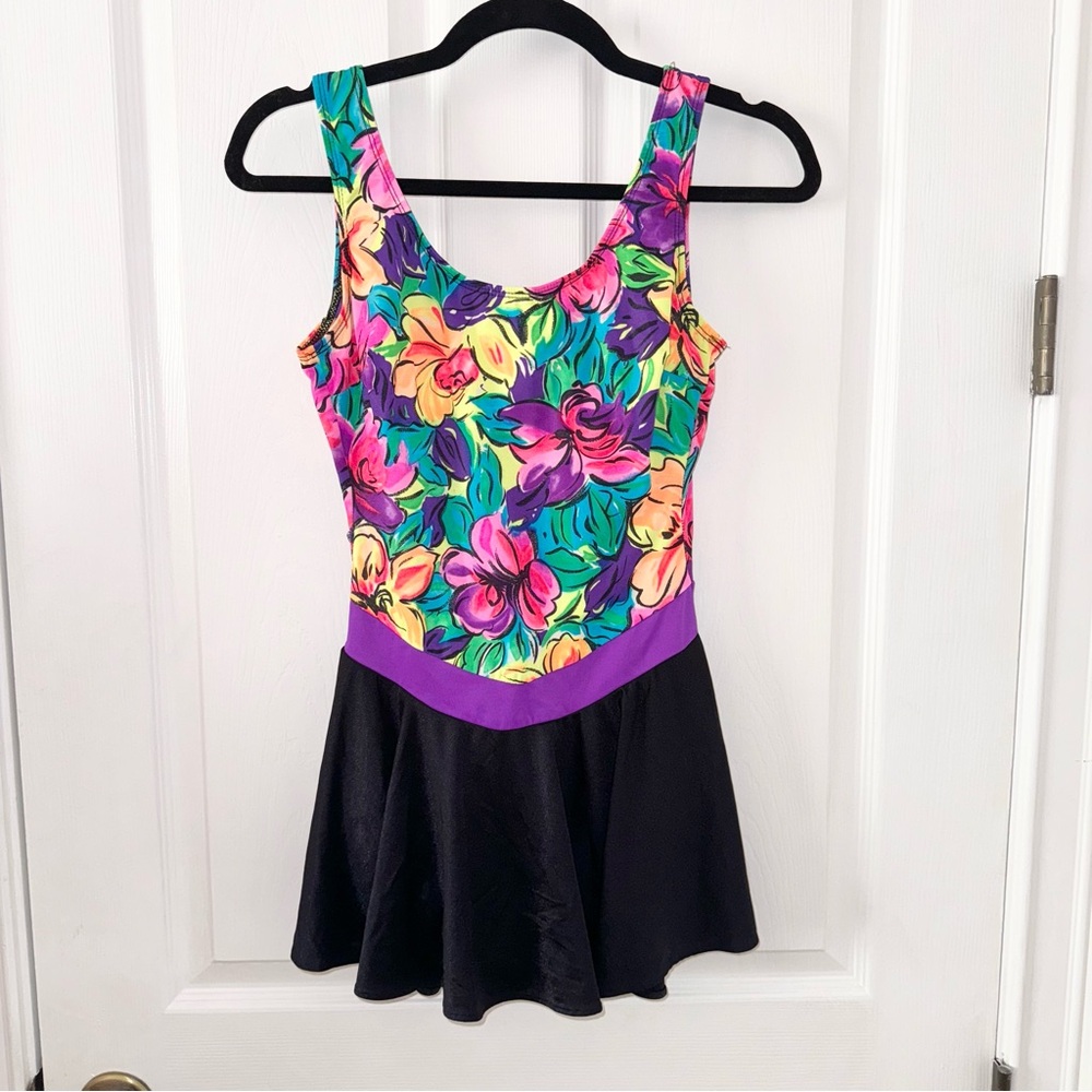 Sun Streak floral multicolor one piece swim bathing suit skirt, open back, sz 12